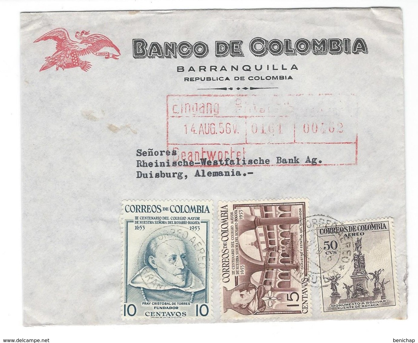 COVER CORREO COLOMBIA - BANCO DE COLOMBIA - BARRANQUILLA - DUISBURG - GERMANY. - Colombia