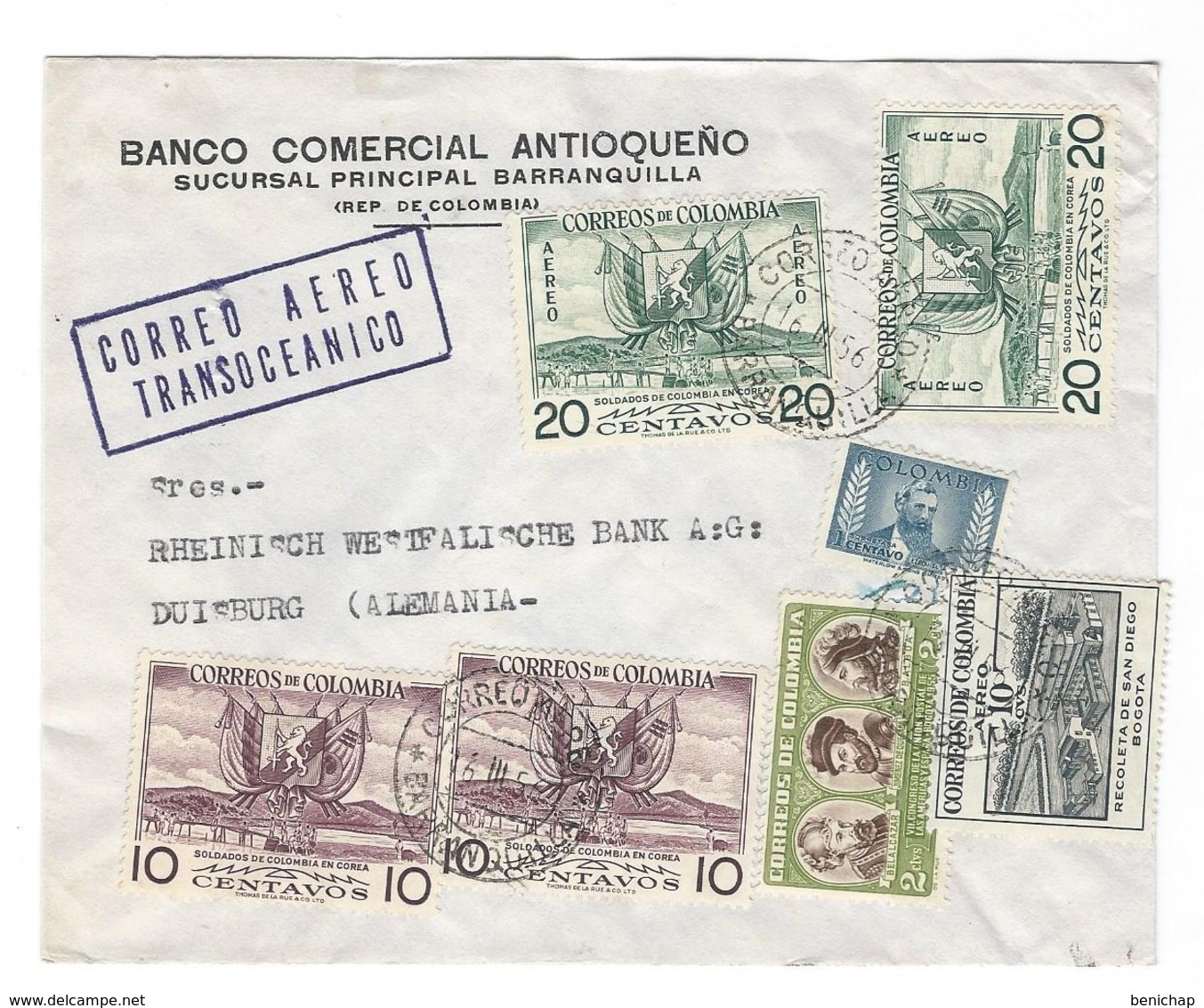 COVER CORREO COLOMBIA - AERO TRANSOCEANICO - BANCO COMERCIAL ANTIOQUENO - BARRANQUILLA - DUISBURG - GERMANY. - Colombia