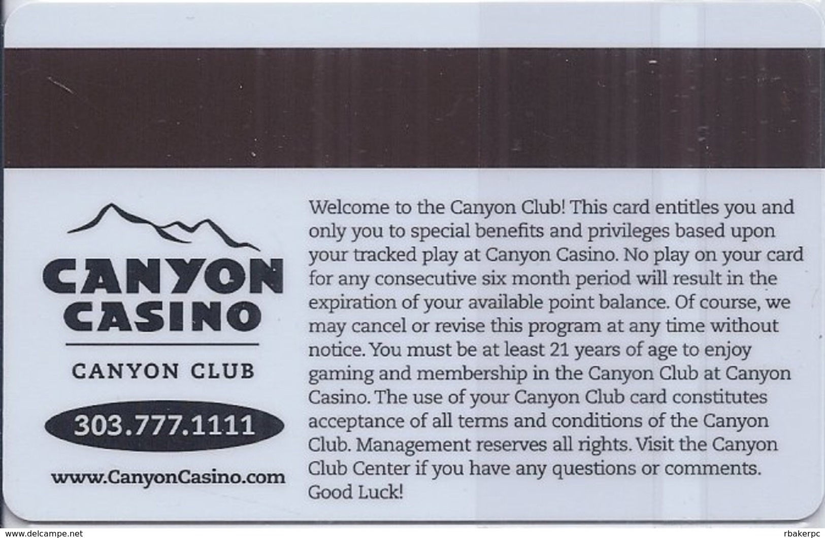 Canyon Casino Black Hawk CO Slot Card - Last Line Of Text Is 'Good Luck' - Large Phone# Oval - Casino Cards