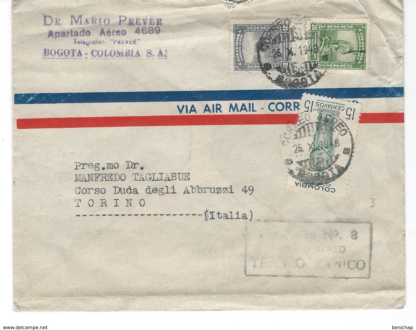 COVER CORREO COLOMBIA - VIA AIR MAIL - BOGOTA - TORINO - ITALIE. - Colombia