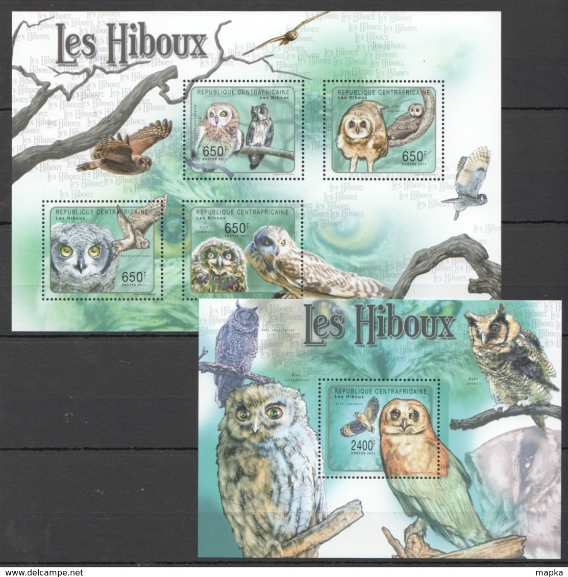 CA1048 2011 CENTRAL AFRICA CENTRAFRICAINE FAUNA OWLS LES HIBOUX 1KB+1BL MNH - Eulenvögel