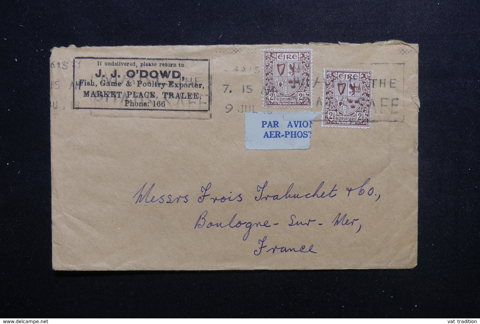 IRLANDE - Enveloppe Commerciale De Tralee Pour La France En 1945 Par Avion, Affranchissement Plaisant - L 48438 - Briefe U. Dokumente