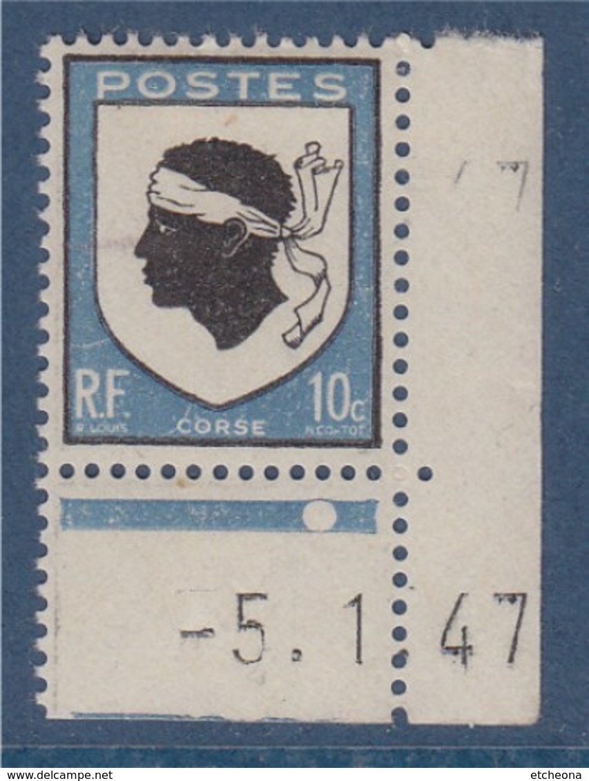 = Corse, Série Armoiries De Provinces N°755 Neuf En Coin De Feuille Daté 5.1.47 Trace Charnière - 1941-66 Armoiries Et Blasons