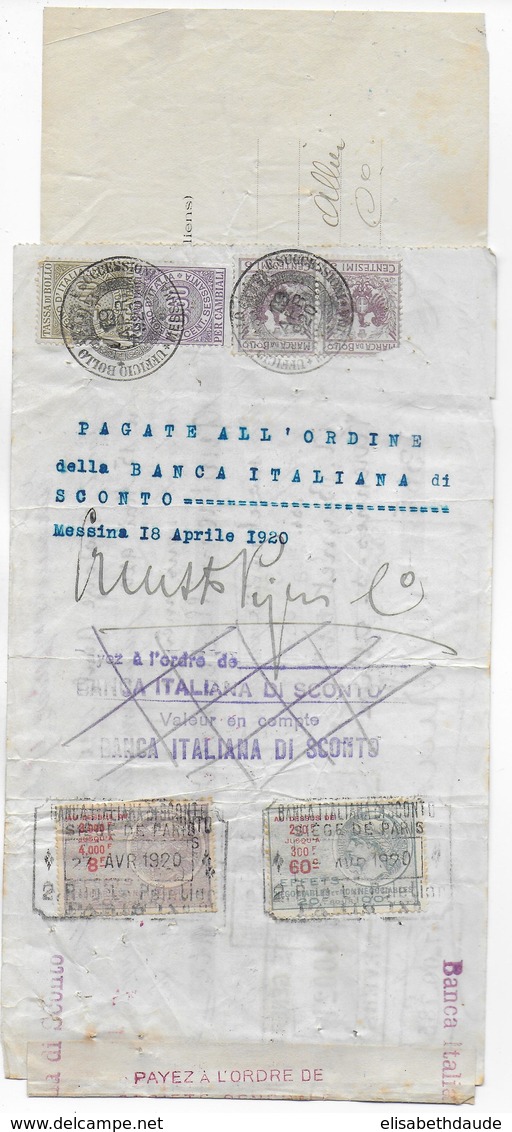 1920 - FISCAUX ITALIENS + FRANCAIS Sur ORDRE - BANCA ITALIANA MESSINA + PARIS Et STE GEN. PARIS + NEVERS Puis VICHY !!! - Briefe U. Dokumente