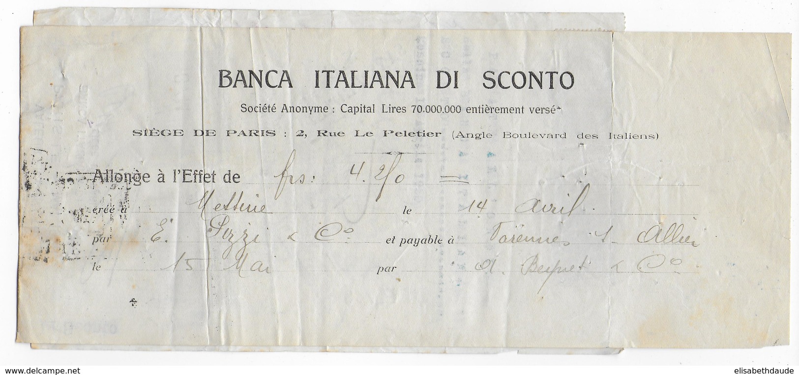 1920 - FISCAUX ITALIENS + FRANCAIS Sur ORDRE - BANCA ITALIANA MESSINA + PARIS Et STE GEN. PARIS + NEVERS Puis VICHY !!! - Brieven En Documenten