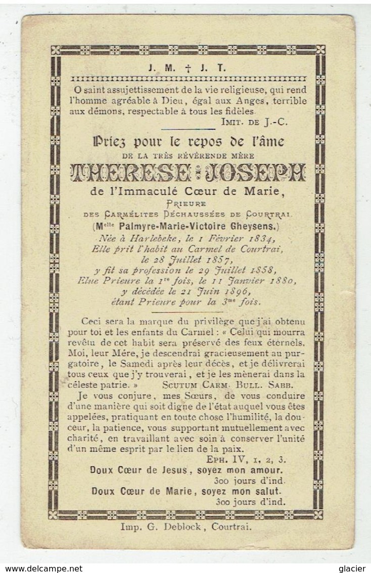 Révérende Mère THERESE JOSEPH - Prieuré Des Carmélites De Courtrai - Née Harlebeke 1834 - 1896 - Religion & Esotérisme