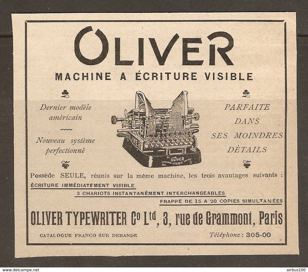 PUBLICITE 1906 1907 MACHINE à ÉCRIRE OLIVER TYPEWRITER DERNIER MODELE AMÉRICAIN Co Ltd 3 RUE De GRAMMONT PARIS - Werbung