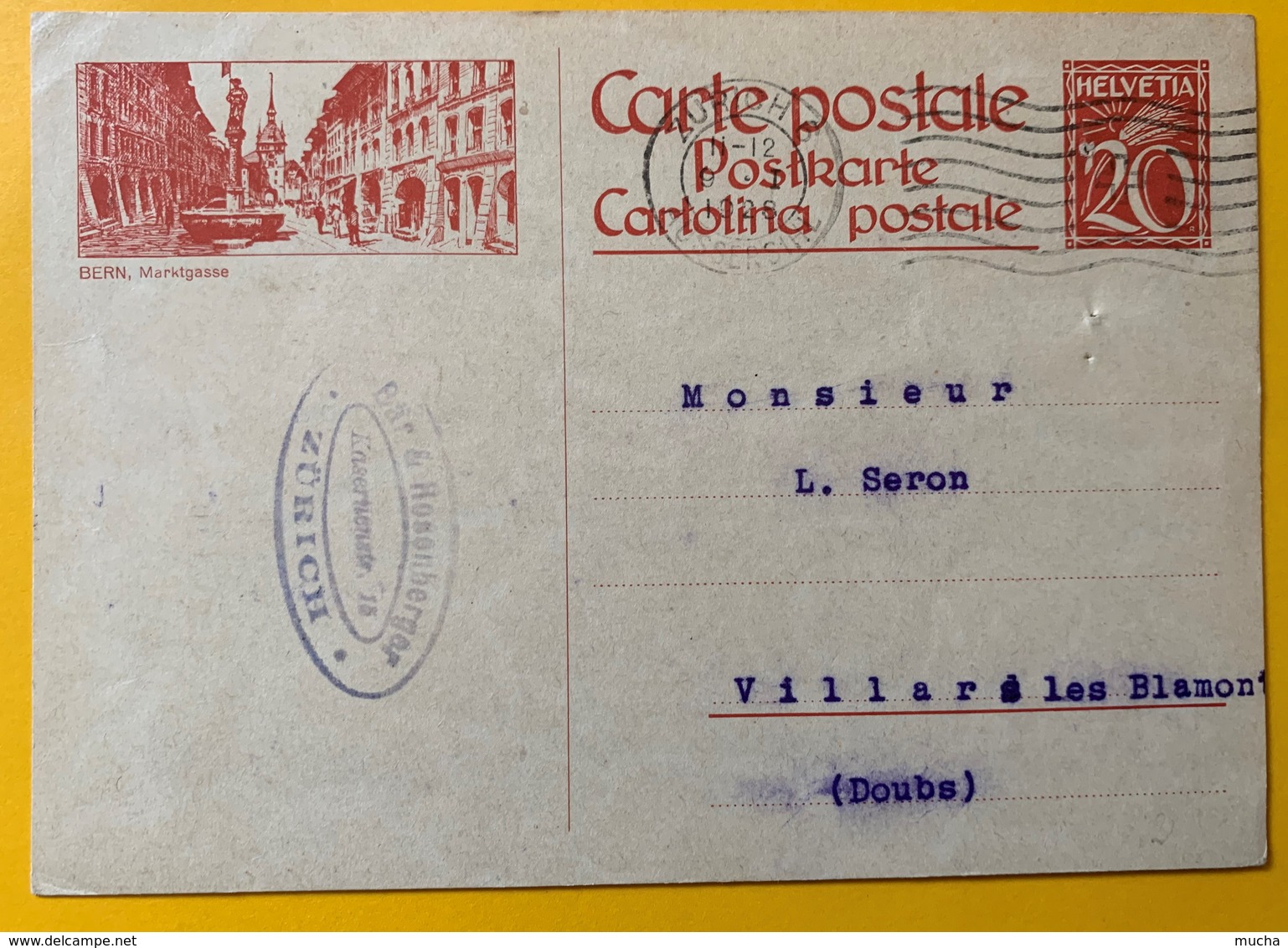 9523 -  Entier Postal Illustration Bern Markgasse Zurich 09.01.1928 Pour La France - Entiers Postaux