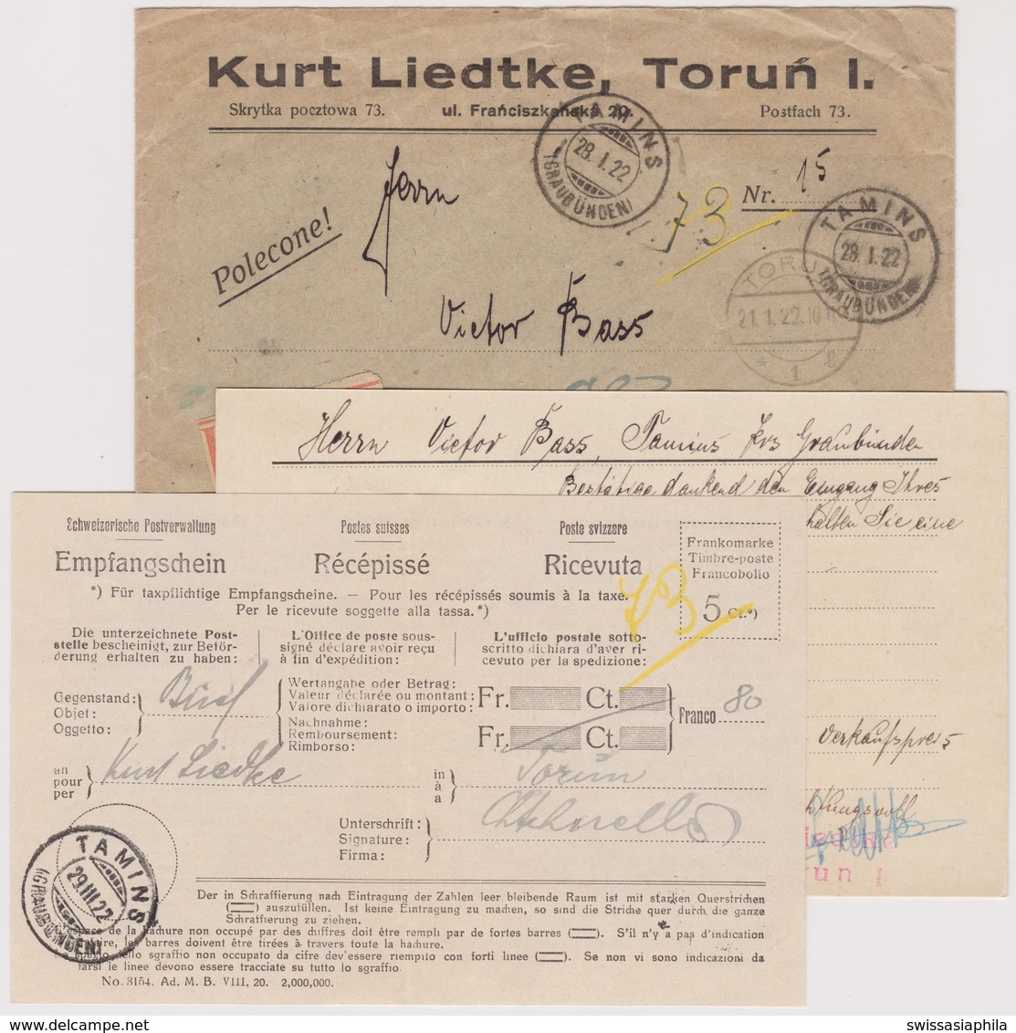 GR   TAMINS / SUPER INCOMMING BRIEF AUS POLEN MIT EMPFANGSSCHEIN UND INHALT - Lettres & Documents