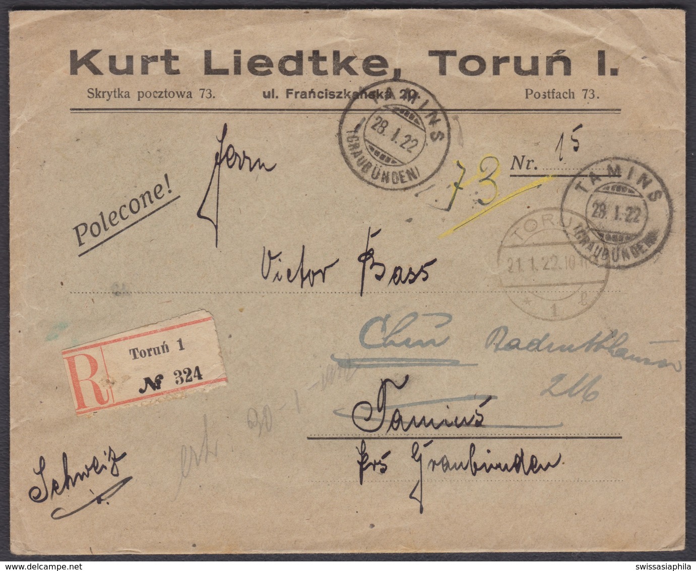 GR   TAMINS / SUPER INCOMMING BRIEF AUS POLEN MIT EMPFANGSSCHEIN UND INHALT - Lettres & Documents