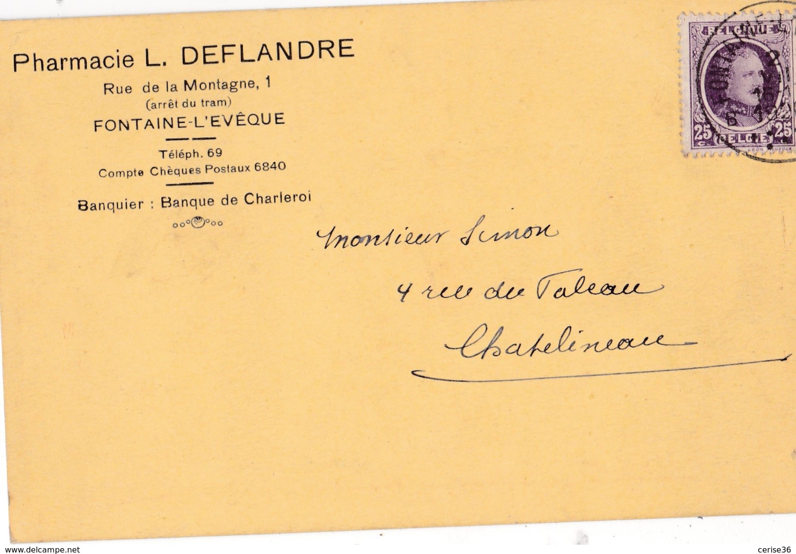 Carte Publicitaire Pharmacie L.Deflandre à Fontaine-l'Evêque Circulée En 1926 - Fontaine-l'Evêque