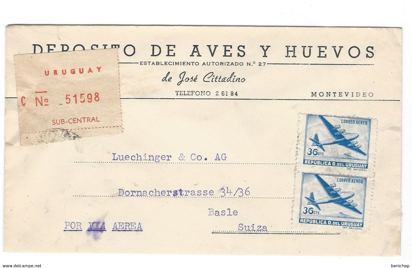 COVER CORREO URUGUAY- VIA AIR MAIL - MONTEVIDEO - BASLE - SUIZA - CERTIFICADO. - Uruguay