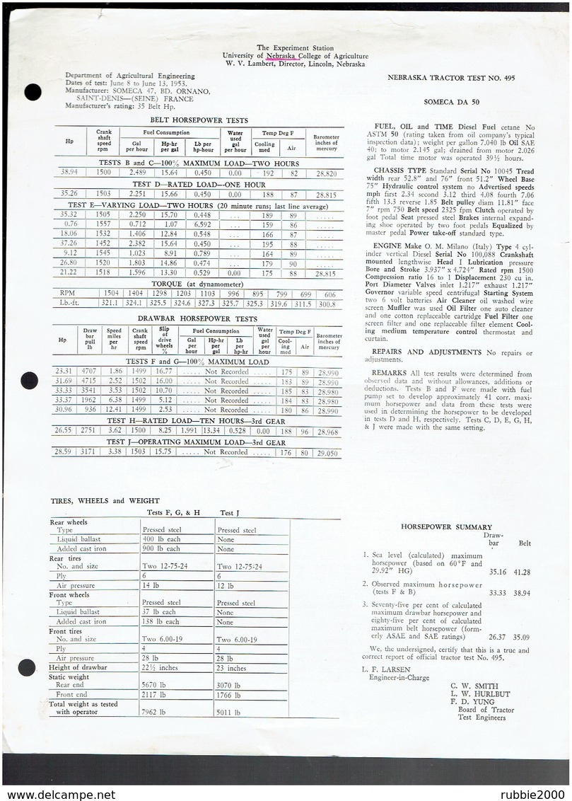 TRACTEUR SOMECA DA 50 TESTS TECHNIQUES PAR LE COLLEGE D AGRICULTURE DU NEBRASKA EN LANGUE AMERICAINE - Tractors