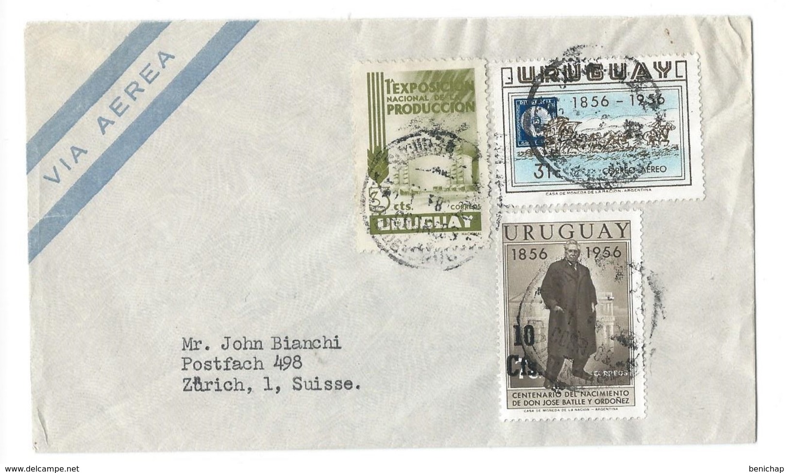 COVER CORREO URUGUAY - VIA AEREA  - MONTEVIDEO -  - ZURICH - SUISSE. - Uruguay