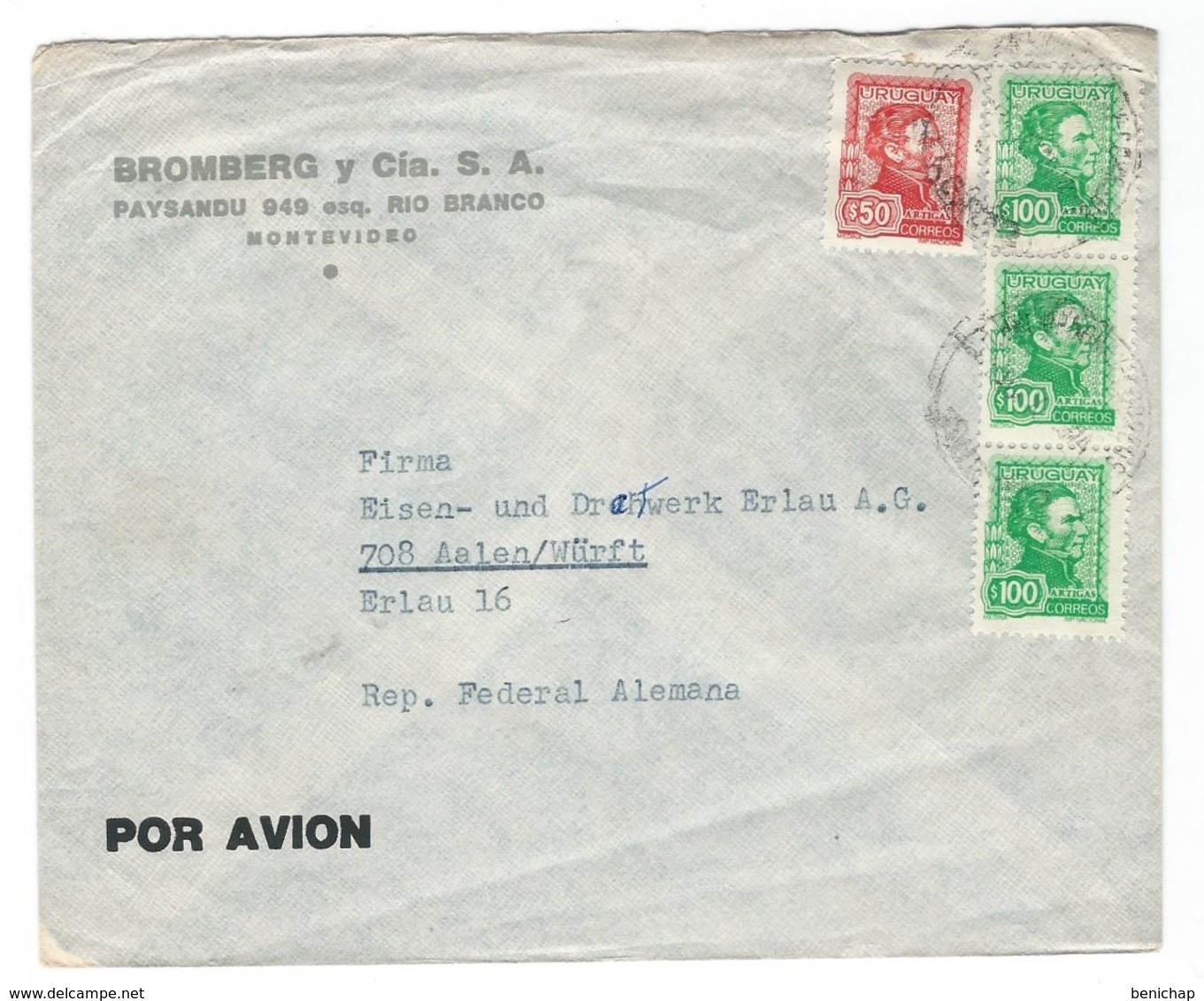 COVER CORREO URUGUAY - POR AVION - MONTEVIDEO - ERLAU - ALEMANIA. - Uruguay