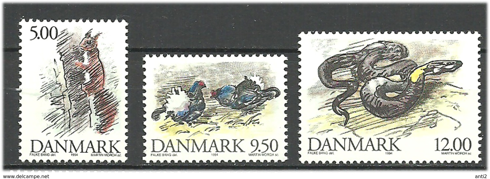 Denmark  1994  Animals, Sparrow, Badger,  Squirrel, Black Groose, Grass Snake  Mi  1086-1090 MNH(**) - Nuovi