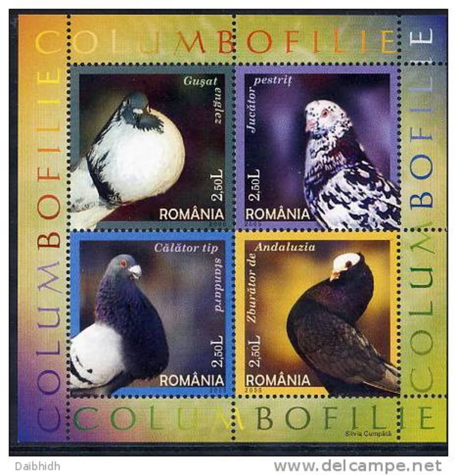 ROMANIA 2005 Pigeons Block MNH / **.  Michel Block 366 - Blocs-feuillets