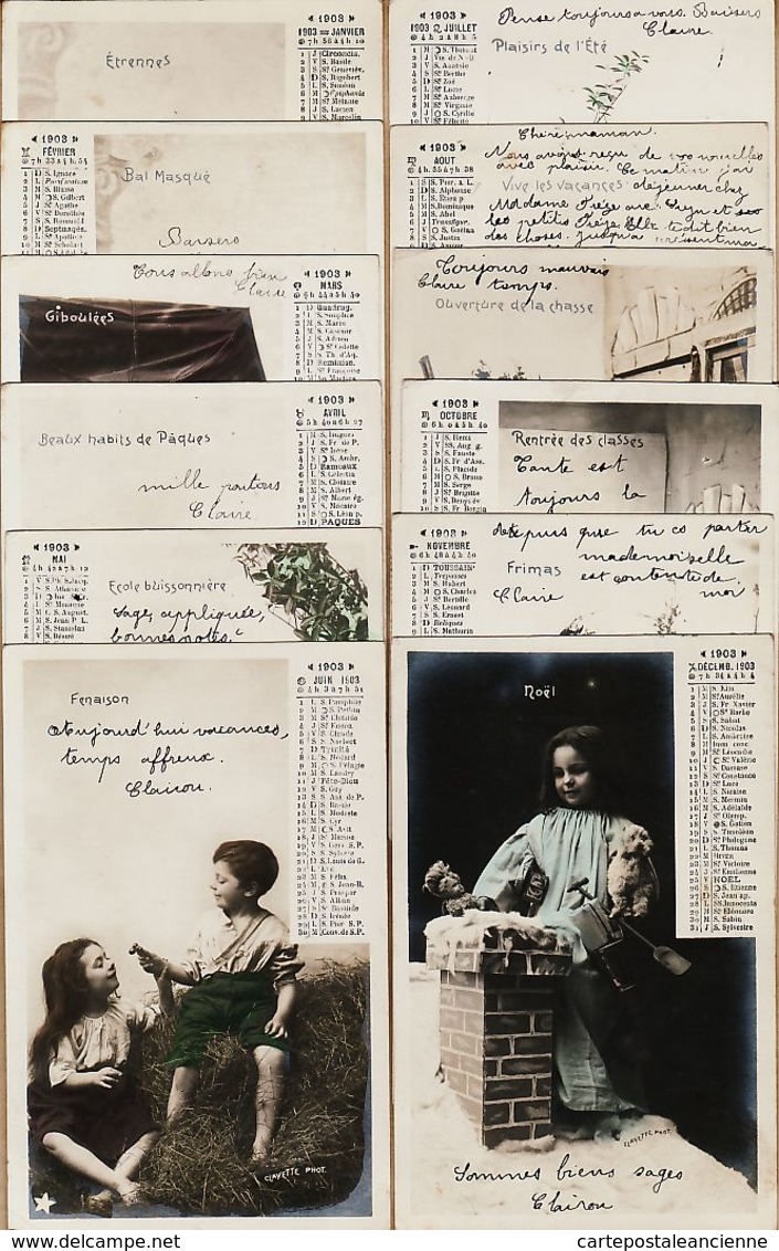 Fant104 Remarquable Série Complète 12 CPA CALENDRIER 1903 CLAYETTE PHOTO à ESCARGUEL Hotel LANTA Bordeaux - Autres & Non Classés