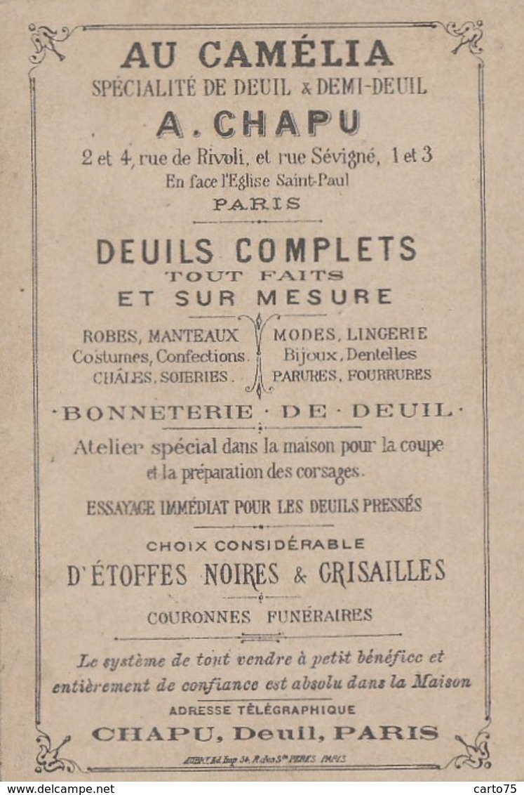 Commerce - Magasins - Chromo Publicité Magasin Chapu "Au Camélia" Deuil Rue Rivoli / Sévigné Paris - Langage Fleurs Rose - Winkels