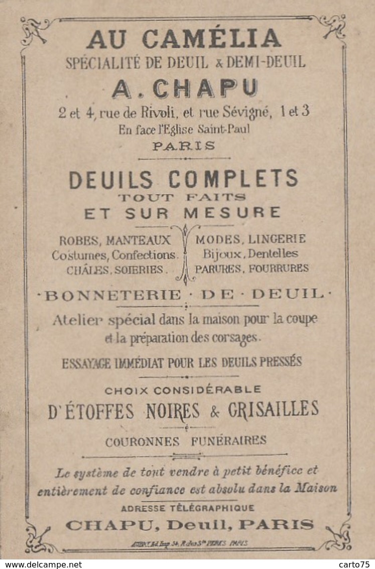 Commerce - Magasins - Chromo Publicité Magasin Chapu "Au Camélia" Deuil Rue Rivoli / Sévigné Paris - Langage Fleurs Rose - Negozi