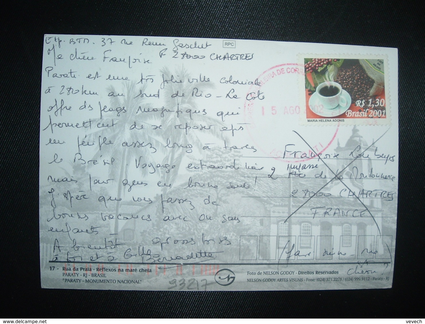 CP Pour La FRANCE TP CAFE RS 1,30 OBL. ROUGE 15 AGO 2002 AC PARATI - Brieven En Documenten