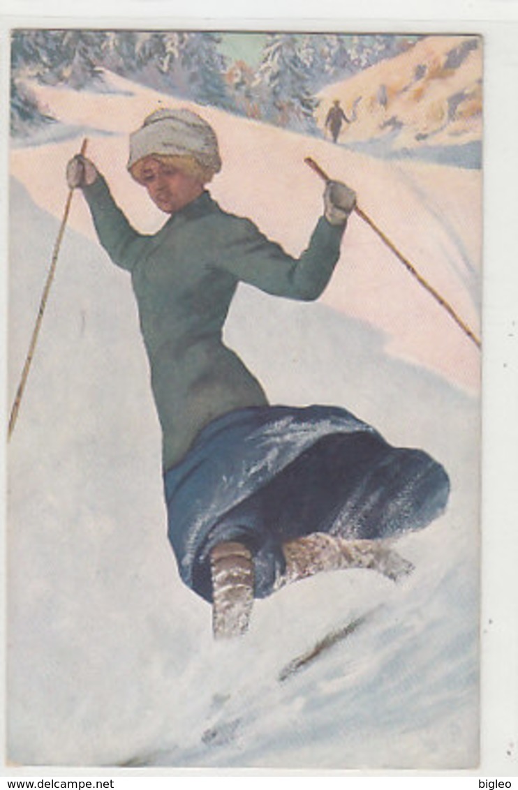 Frau Beim Telemark - Künstlerkarte            (A-142-190524) - Wintersport