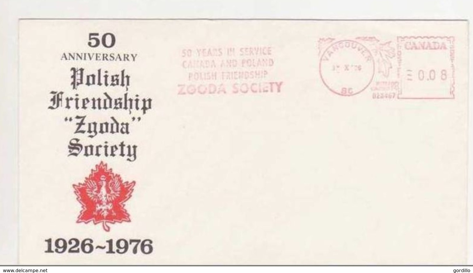 50th Polish Frendship Zgoda Society Polska Canada 1976. - Sobres Conmemorativos