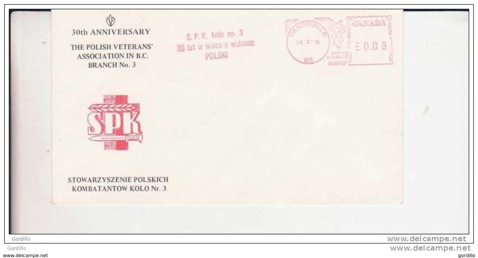 30th Polish Veterans Association In BC Branch N°3 Canada  Polska 1976. - Enveloppes Commémoratives