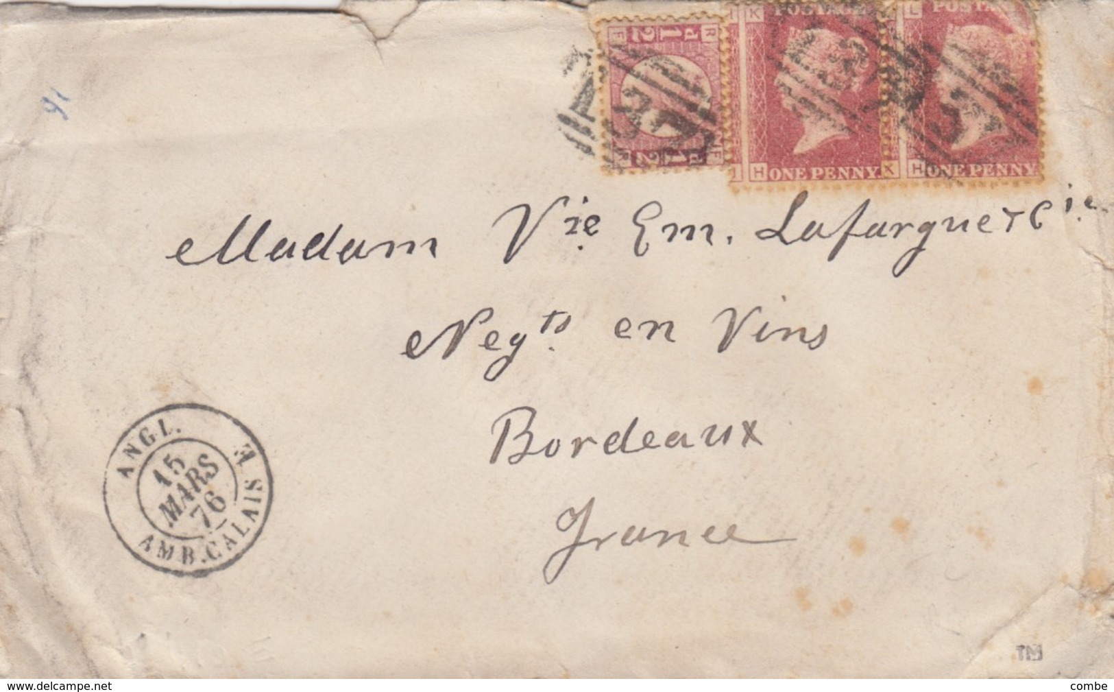 GB. COVER . 14 MAR 76. PAIR ONE PENNY KH-LH. IMPORTANT GAP. TO BORDEAUX. ENTREE ANGL. AMB.CALAIS E. SIGN. TM  /  2 - Storia Postale