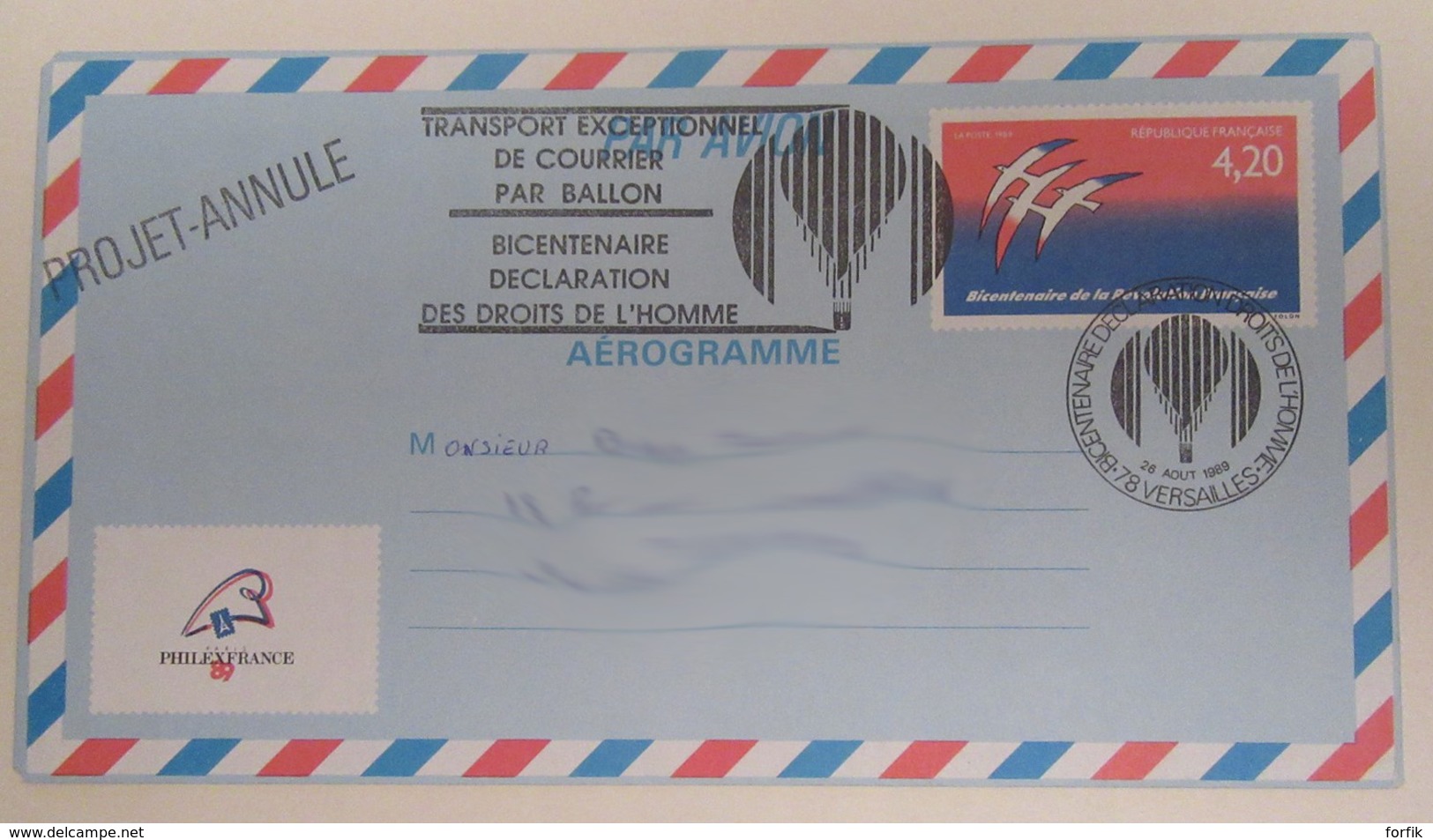 Aérogramme 1989 - Transport Exceptionnel De Courrier Par Ballon / Philex France 89 - Annulé - Aerogramme