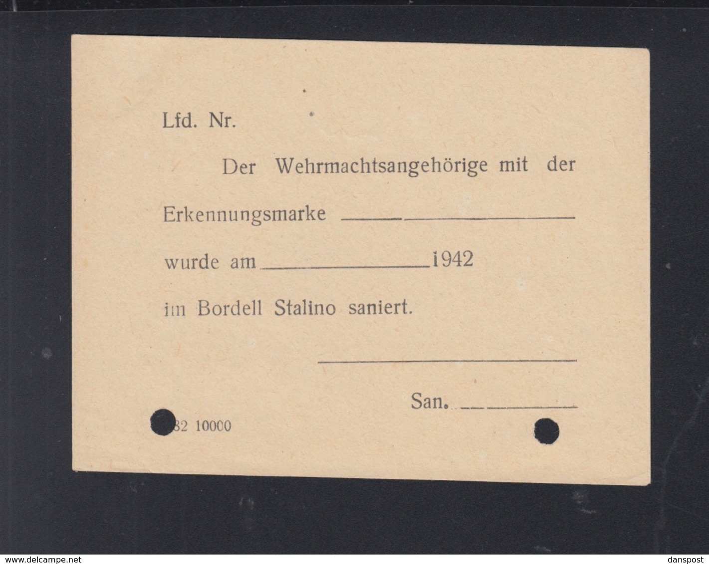 Dt. Reich 2.WK Bordell Stalino Sanierungsschein - Documenti Storici