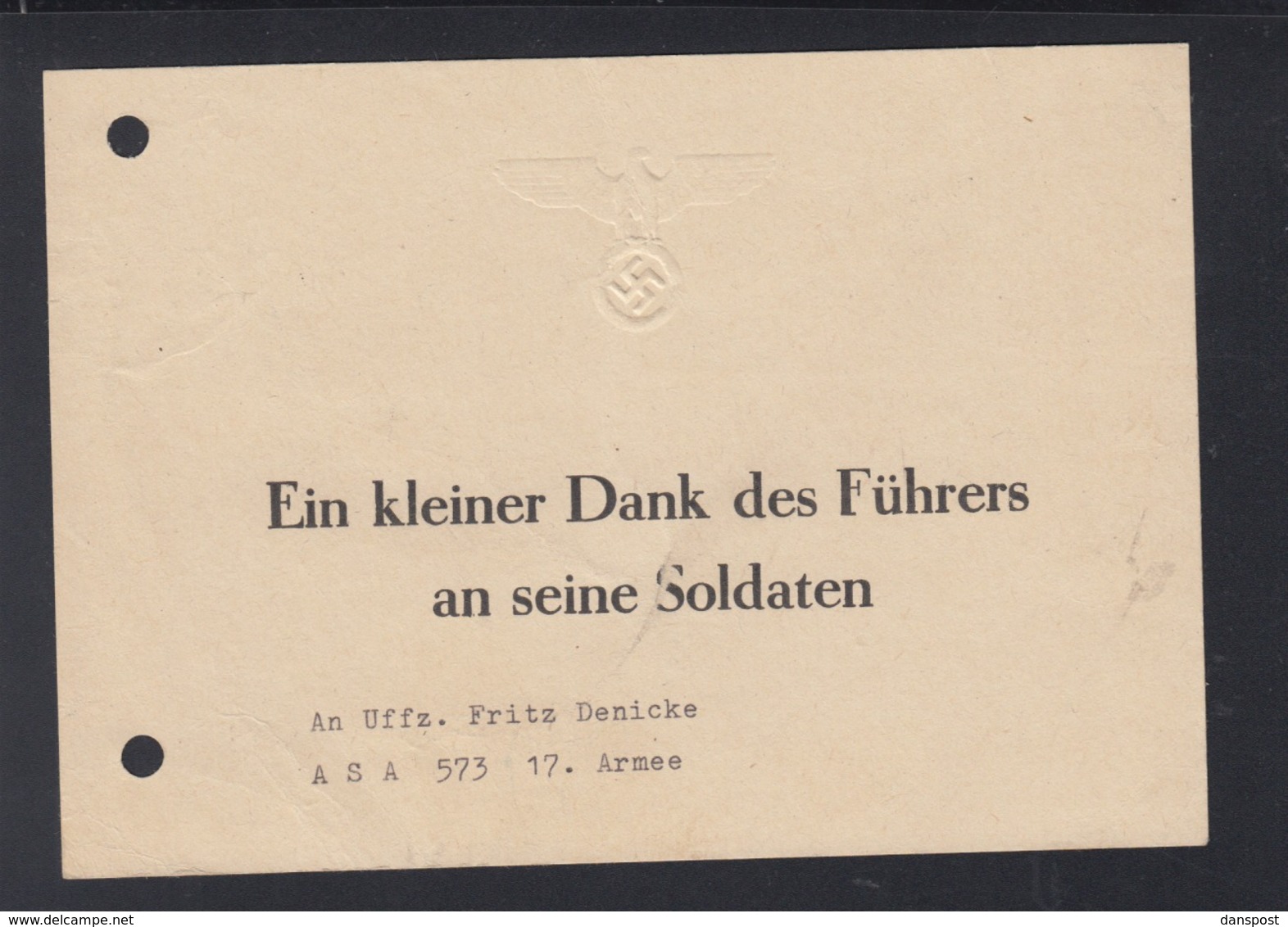 Dt. Reich Karte Ein Kleiner Dank Des Führers An Seine Soldaten - Historische Dokumente