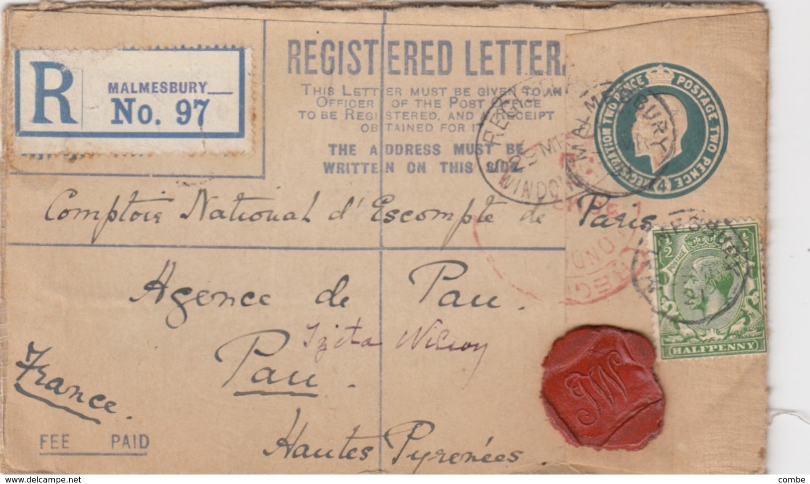 GB. COVER . 29 MAR 21. REGISTERED LETTER. MALMESBURY TO PAU. FEE PAID  /  2 - Lettres & Documents