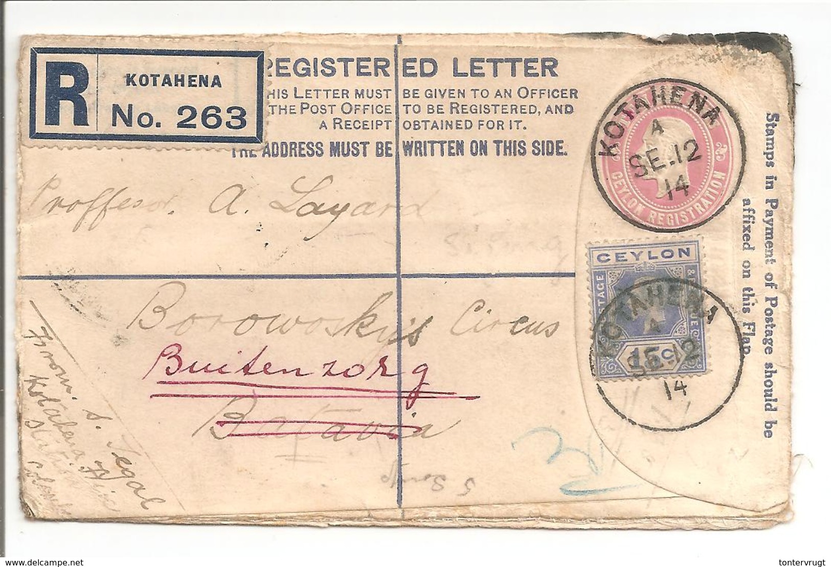 Postal Stationary Entier Uprated R-Letter Ceylon Kotahena To Nederl.Indië Weltevreden-Buitenzorg.Kol.Tent.Semarang Welte - Ceylon (...-1947)