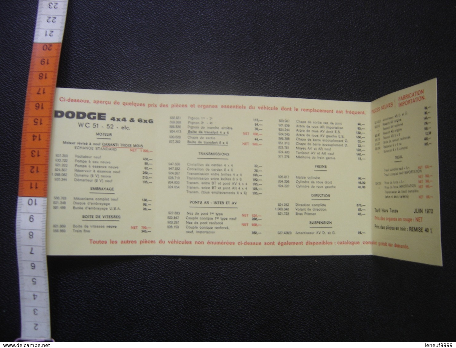 Publicite Tarif Pieces Detachees DODGE 4X4 6X6 Surplus Automobile Americain - Voertuigen