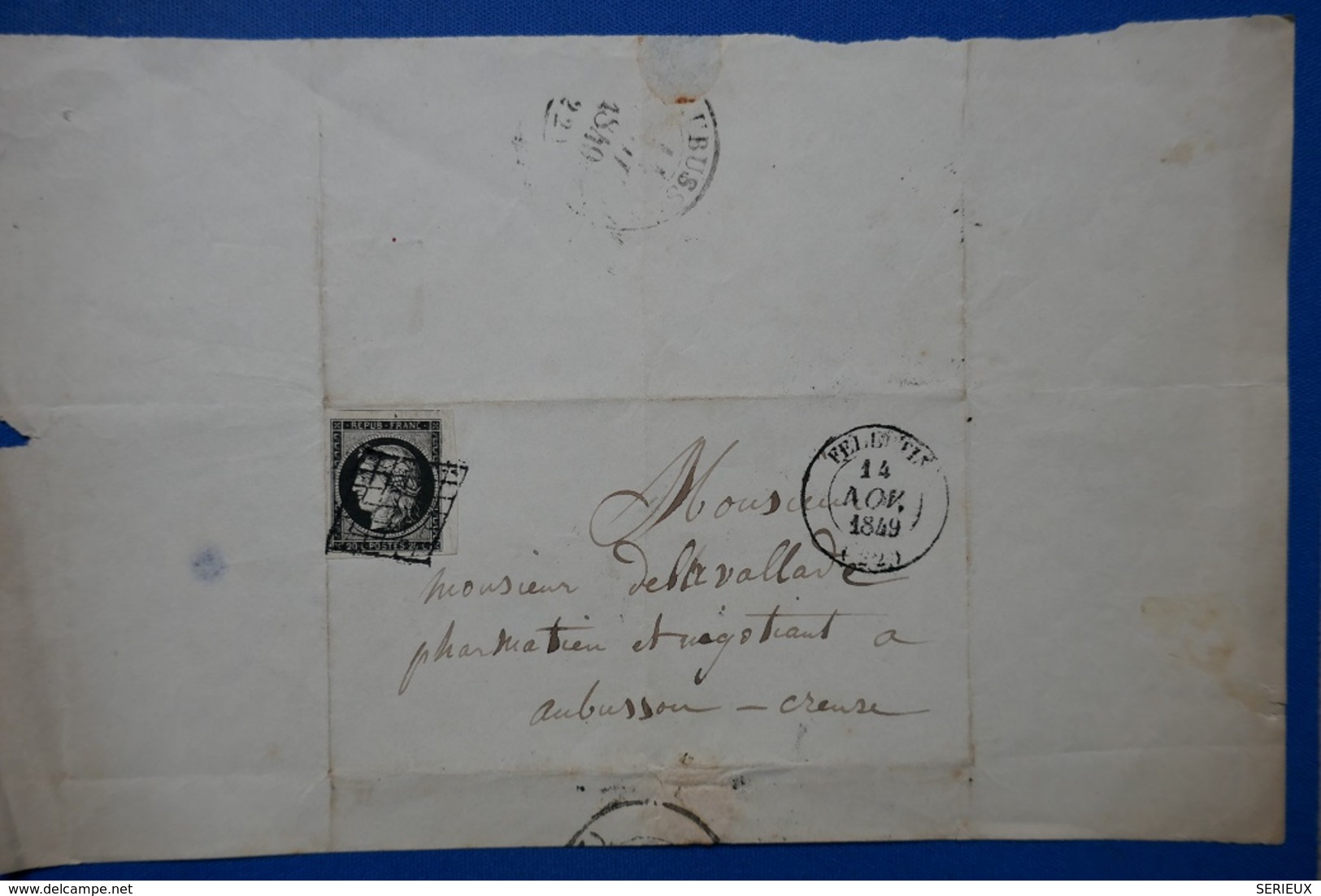 53 FRANCE LETTRE 1849 N 3 IER AN MARGES LARGES OBLITERATION PLAISANTE FELLETIN A  AUBUSSONN - 1849-1850 Cérès