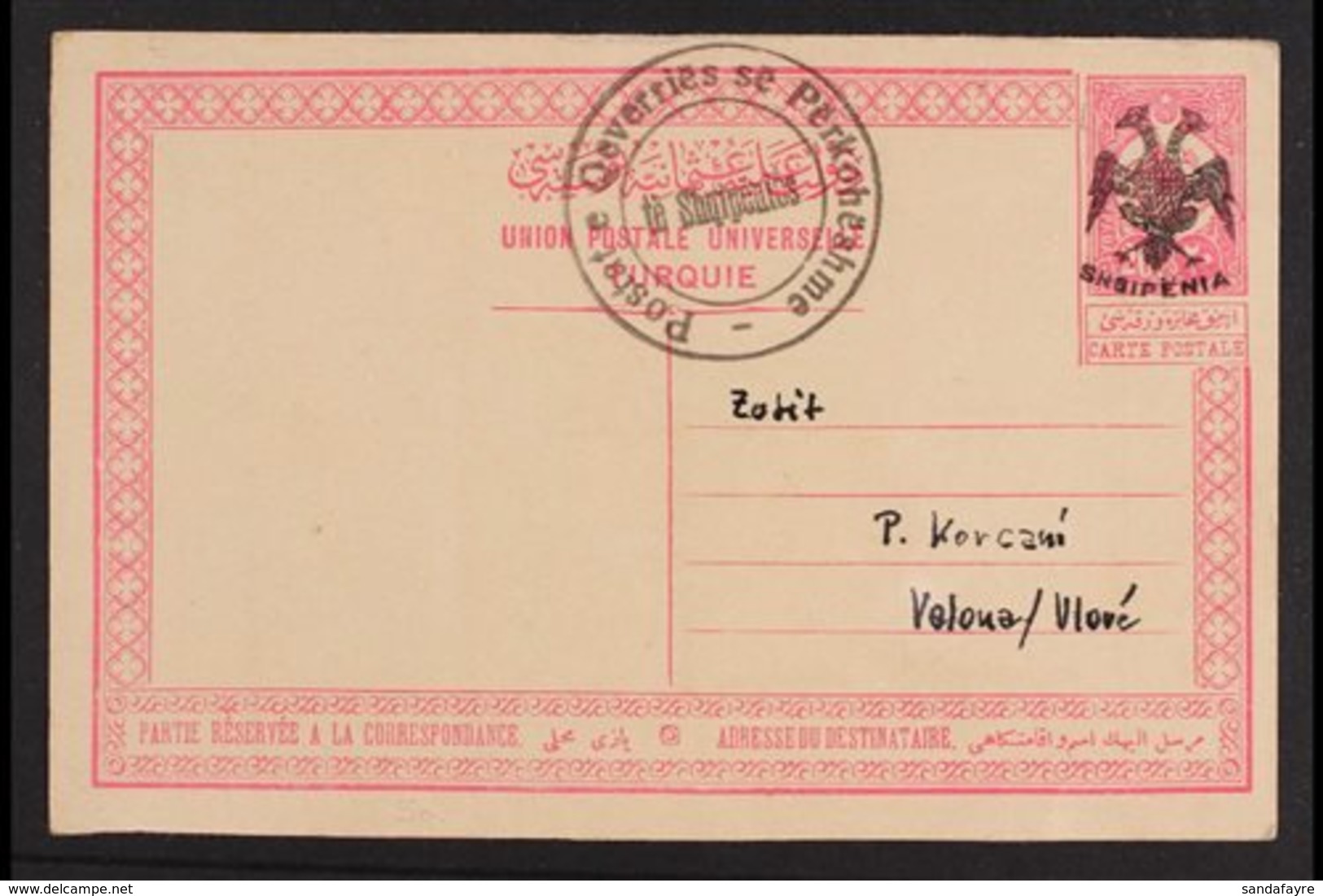 RARE POSTAL CARD  1913 (June) 20pa Rose Carmine On Buff Postal Stationery Card, With Overprinted "Eagle" In Black, Along - Albania