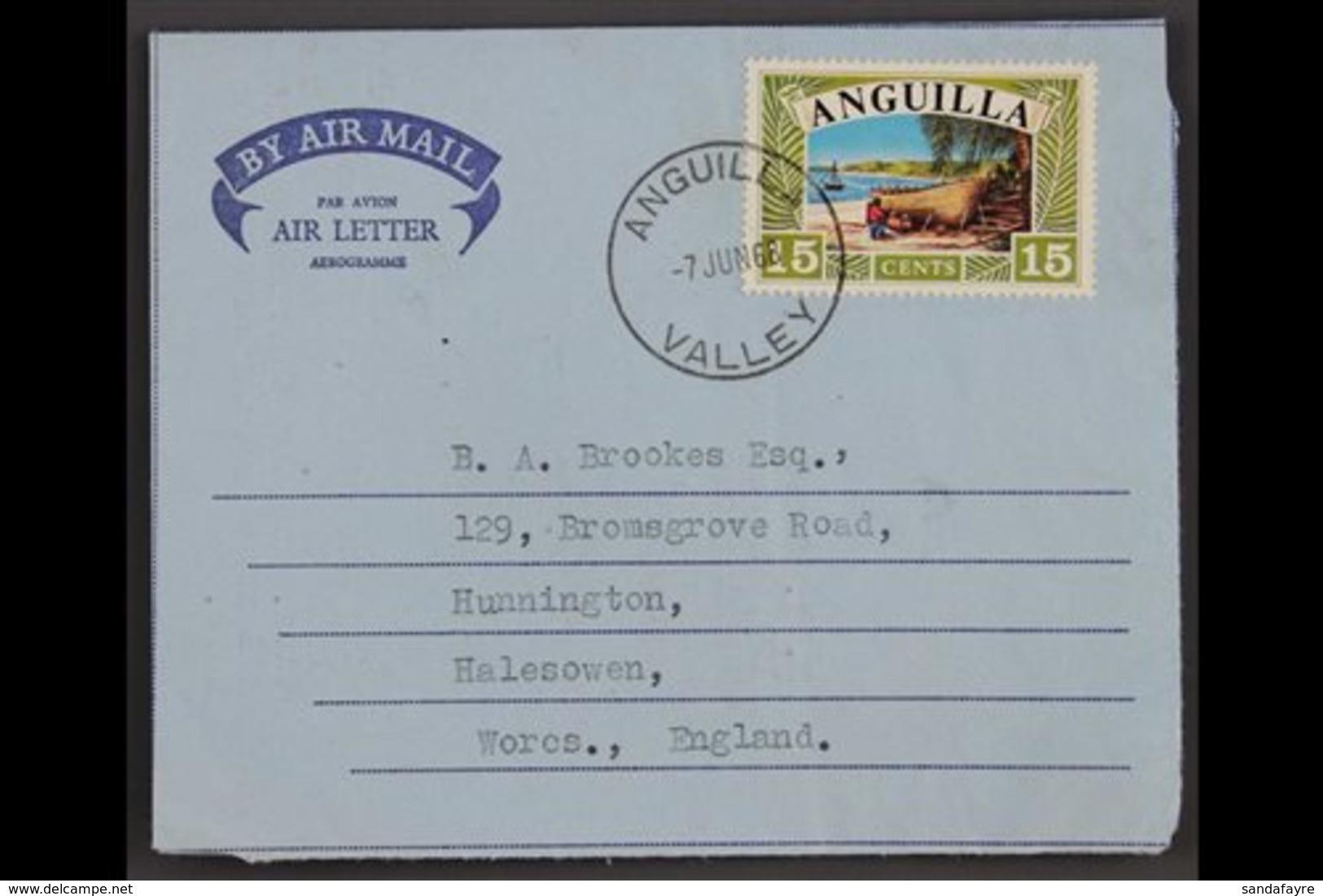 AEROGRAMME  1968 (June 7th) To UK, Franked 1968 15c Anguillan Ships, SG 33, Tied By "Valley"c.d.s. Pmk, Message From Pos - Anguilla (1968-...)