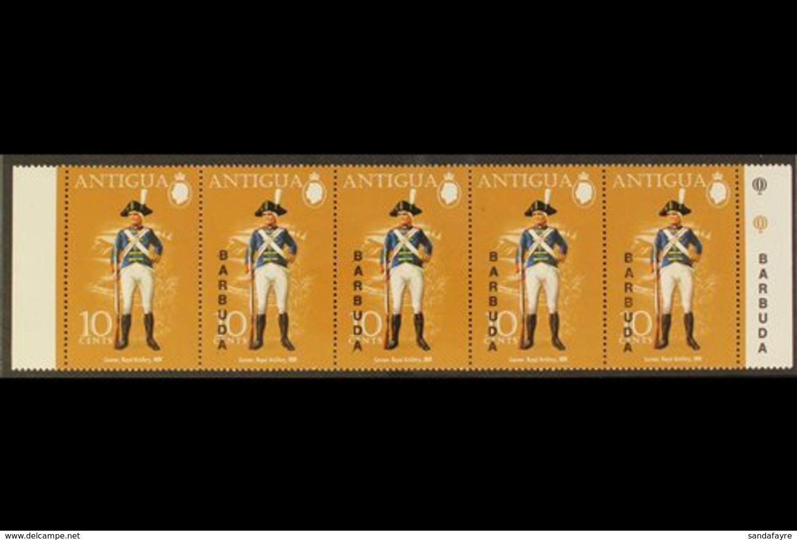 BARBUDA  1974 10c Military Uniforms, A Superb Horizontal Strip Of Five With "BARBUDA" OMITTED On The Left Hand Stamp And - Other & Unclassified