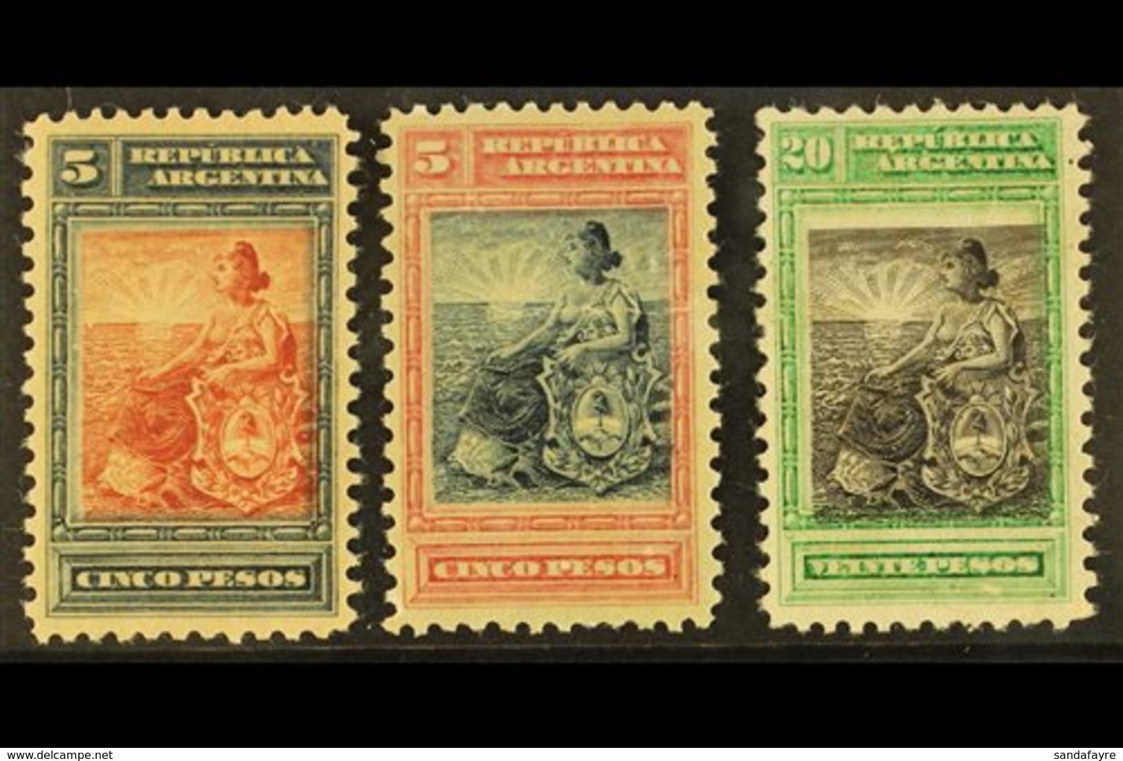 1899 COLOUR TRIAL PROOFS.  5p Red & Blue, 5p Blue & Rose (crease) & 20p Black & Green Liberty Seated (Scott 140 & 142) C - Other & Unclassified