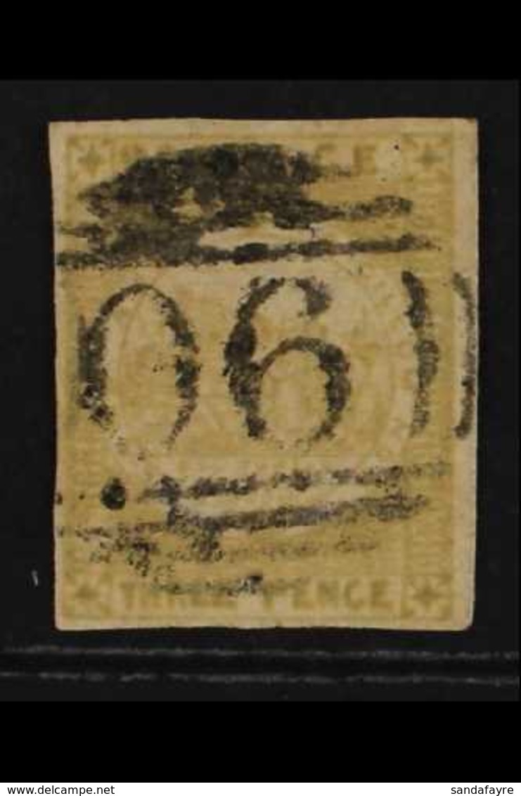 NEW SOUTH WALES  1850-51 3d Yellow-green Sydney View Yellowish Laid Paper, SG 43e, Used, Four Margins, Pen Marks On Reve - Autres & Non Classés