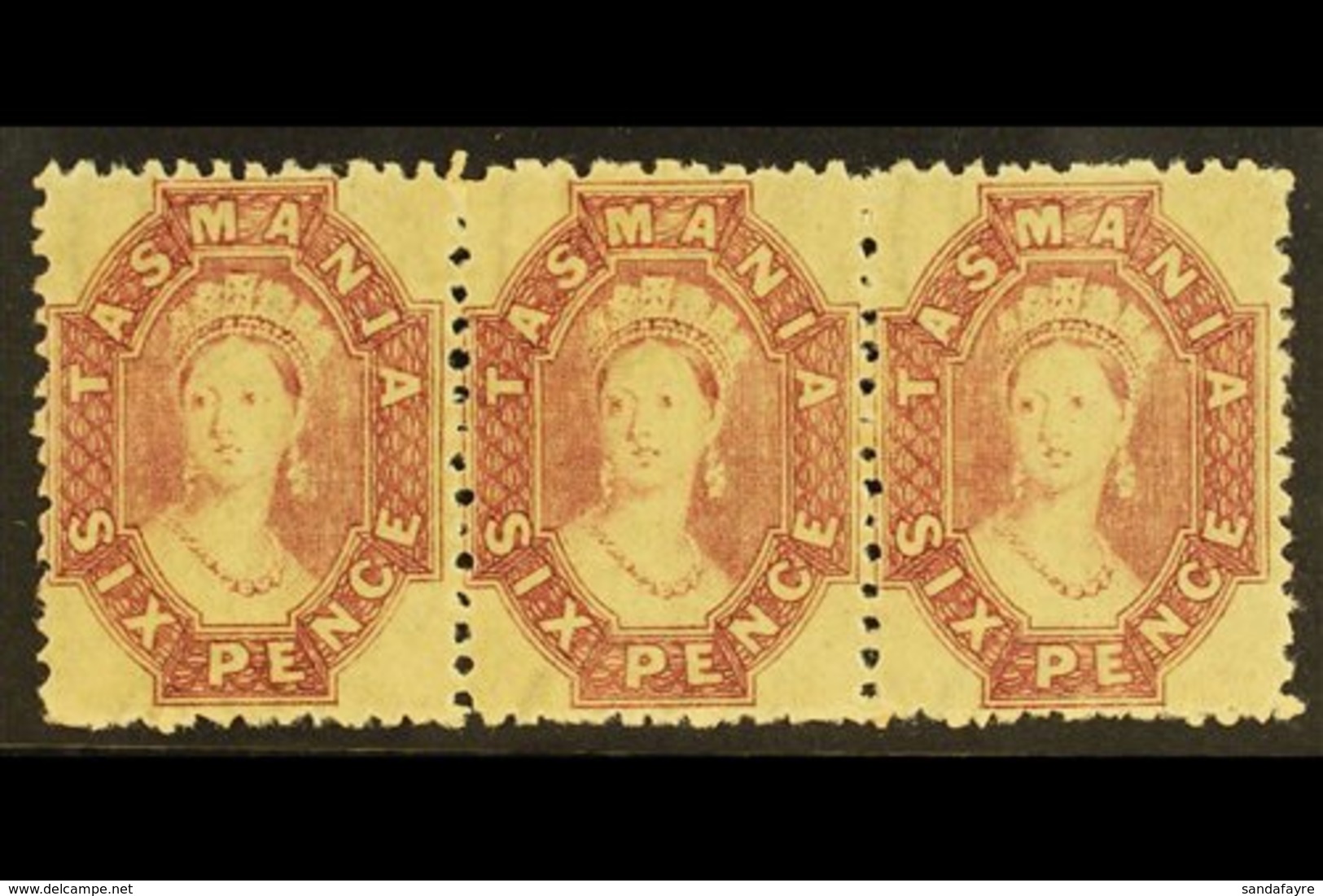 TASMANIA  1869 6d Reddish Mauve, Perf 12, Wmk Double Lined Numerals, SG 76, Superb Never Hinged Mint Strip Of 3. Lovely  - Other & Unclassified