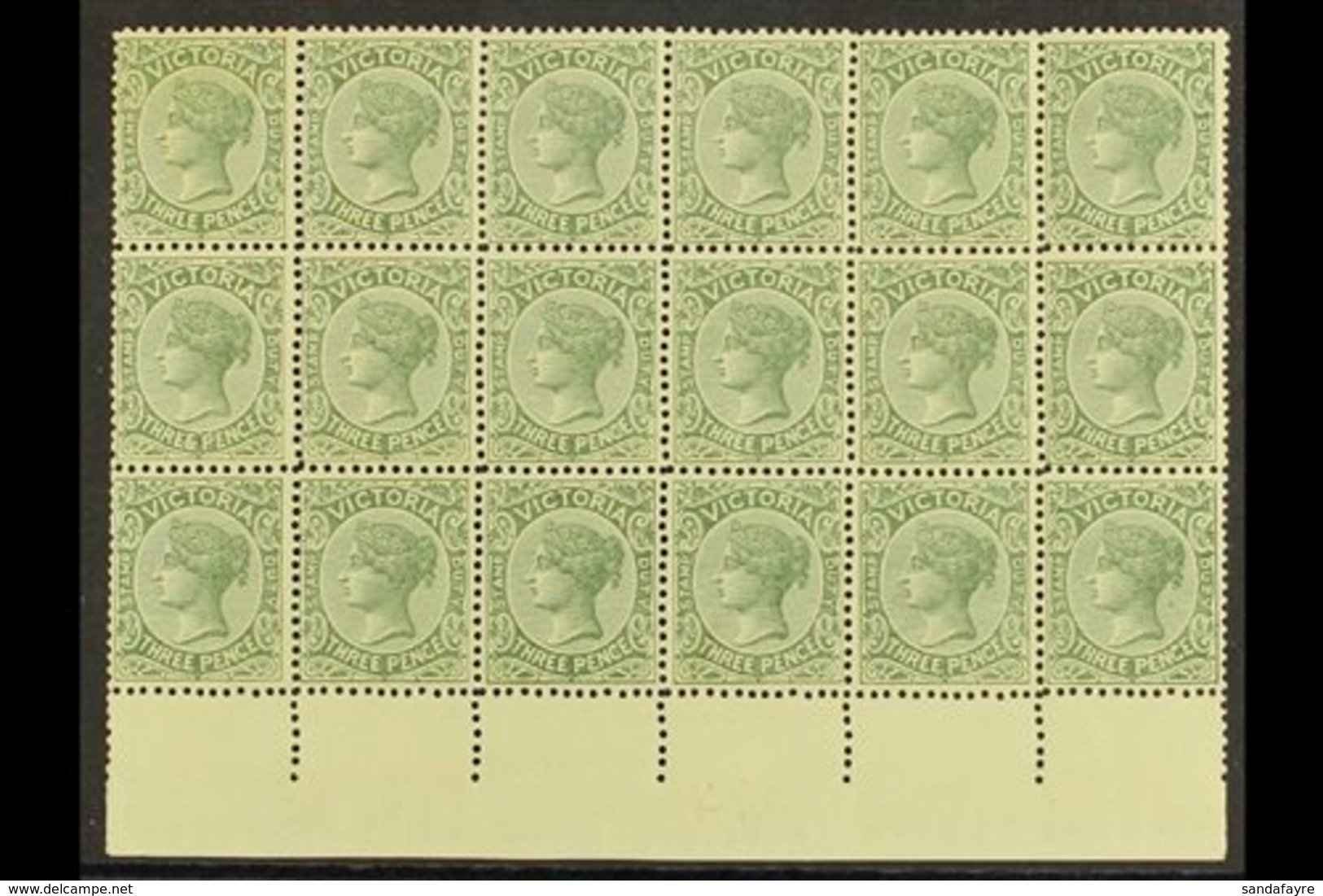 VICTORIA  1899-1901 3d Slate-green, SG 362, Never Hinged Mint Marginal BLOCK Of 18 (6x3), Darkish Gum But Very Pleasing  - Sonstige & Ohne Zuordnung