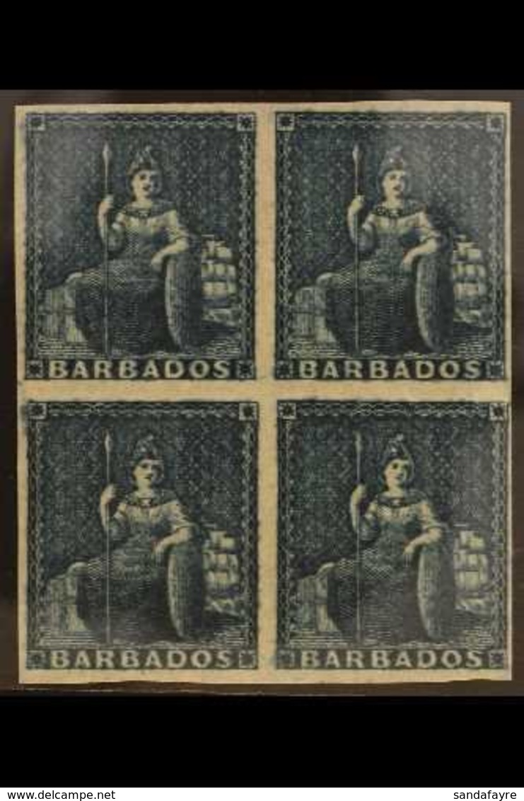 1852-55 BLOCK OF 4  Slate- Blue Britannia (no Value) unissued (SG 5a) Never Hinged Mint Block Of 4 (4 Stamps) For More I - Barbados (...-1966)