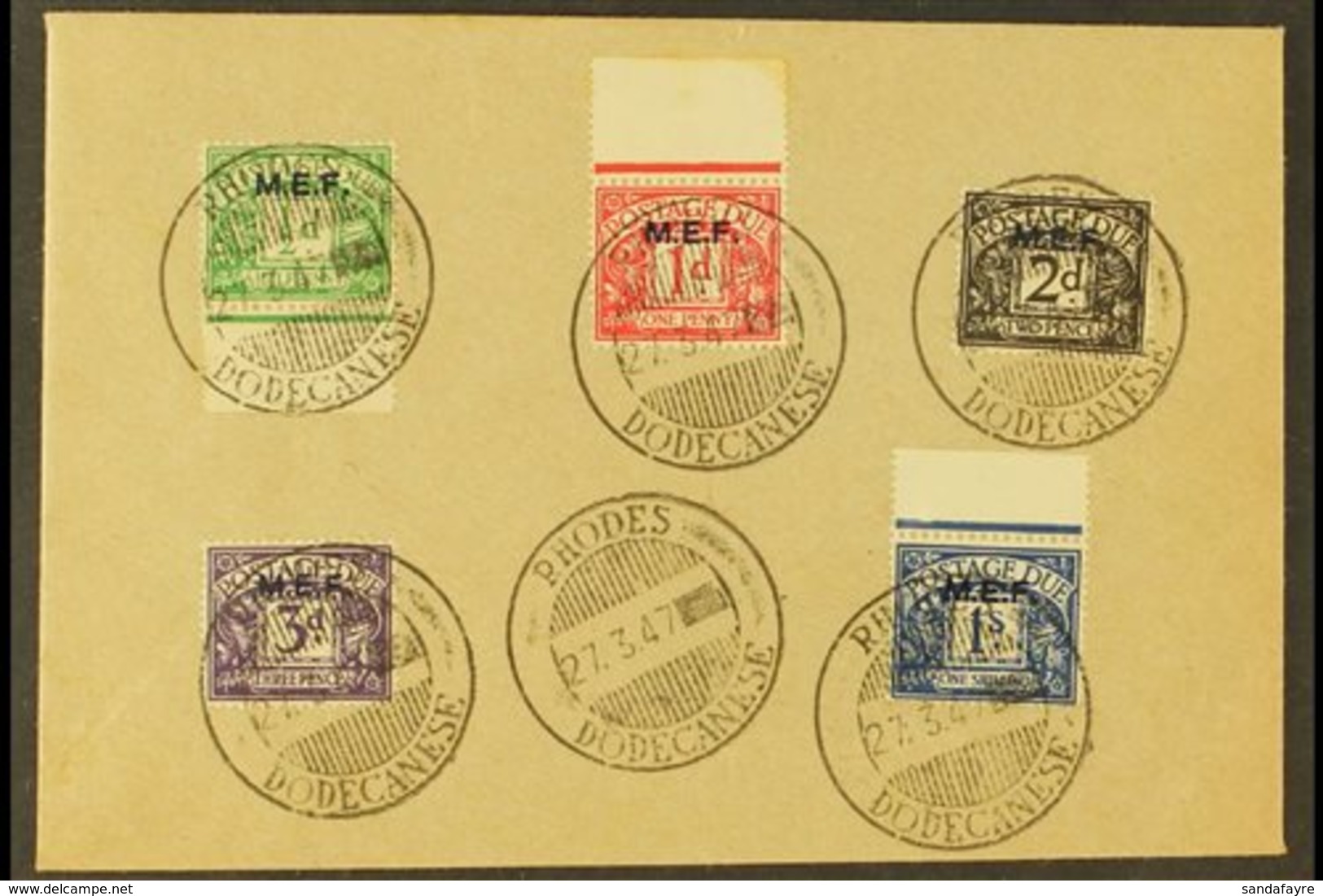 POSTAGE DUES  1942 "M.E.F." Overprints Complete Set (SG D1/5) On Unaddressed Philatelic Cover Tied By Superb "Rhodes / D - Italian Eastern Africa