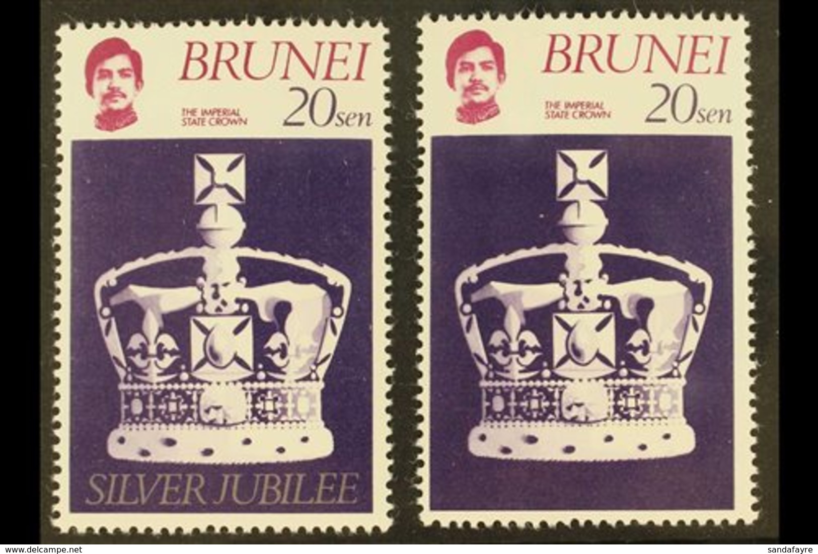 1977  20c Imperial State Crown, Jubilee, Variety "Missing Silver", SG 265a, Superb Never Hinged Mint.  For More Images,  - Brunei (...-1984)