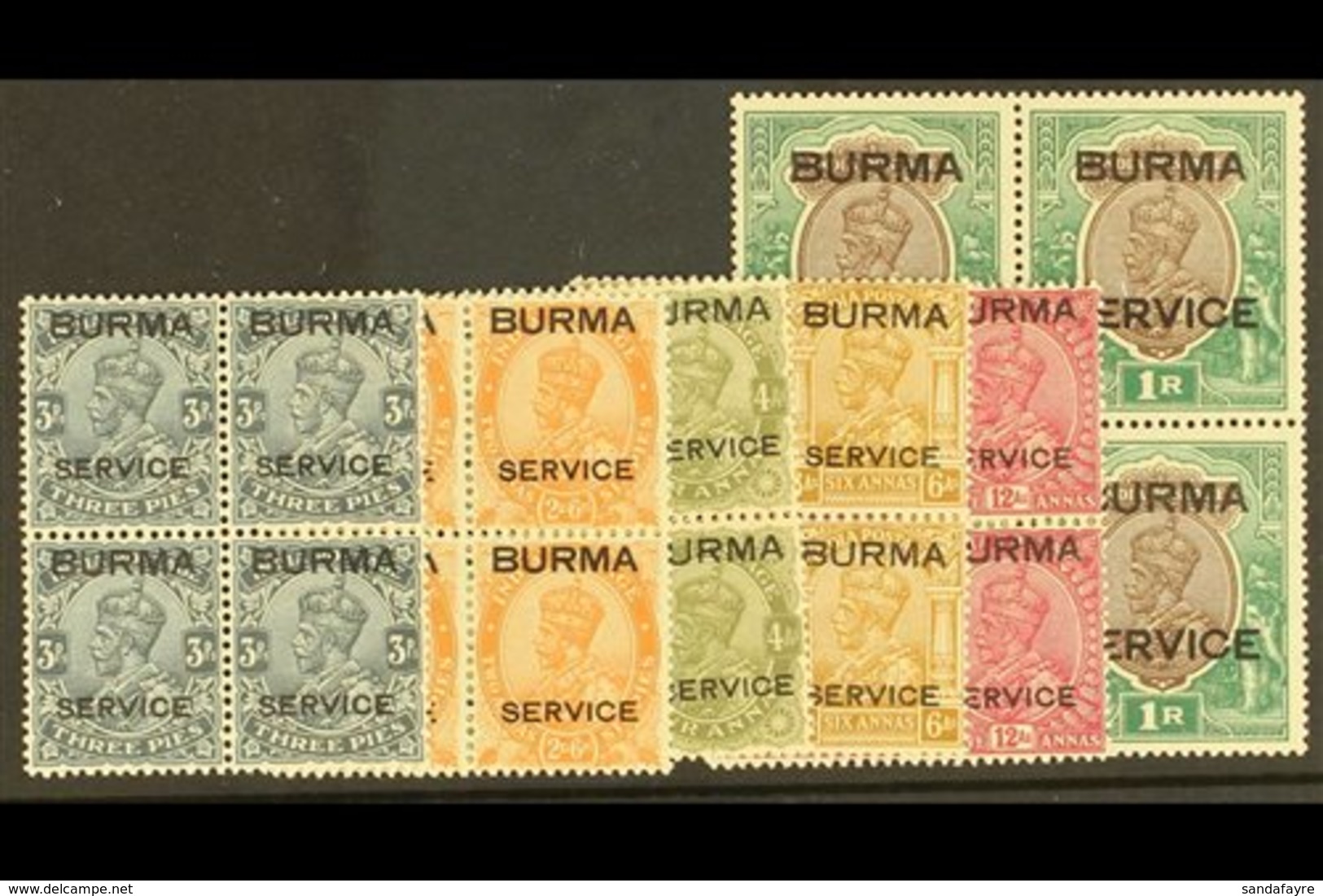 OFFICIALS.  1937 Selection Of Superb Never Hinged Mint BLOCKS OF FOUR Of The 3p, 2a6p To 6a, 12a & 1r Values SG O1, O6/8 - Burma (...-1947)