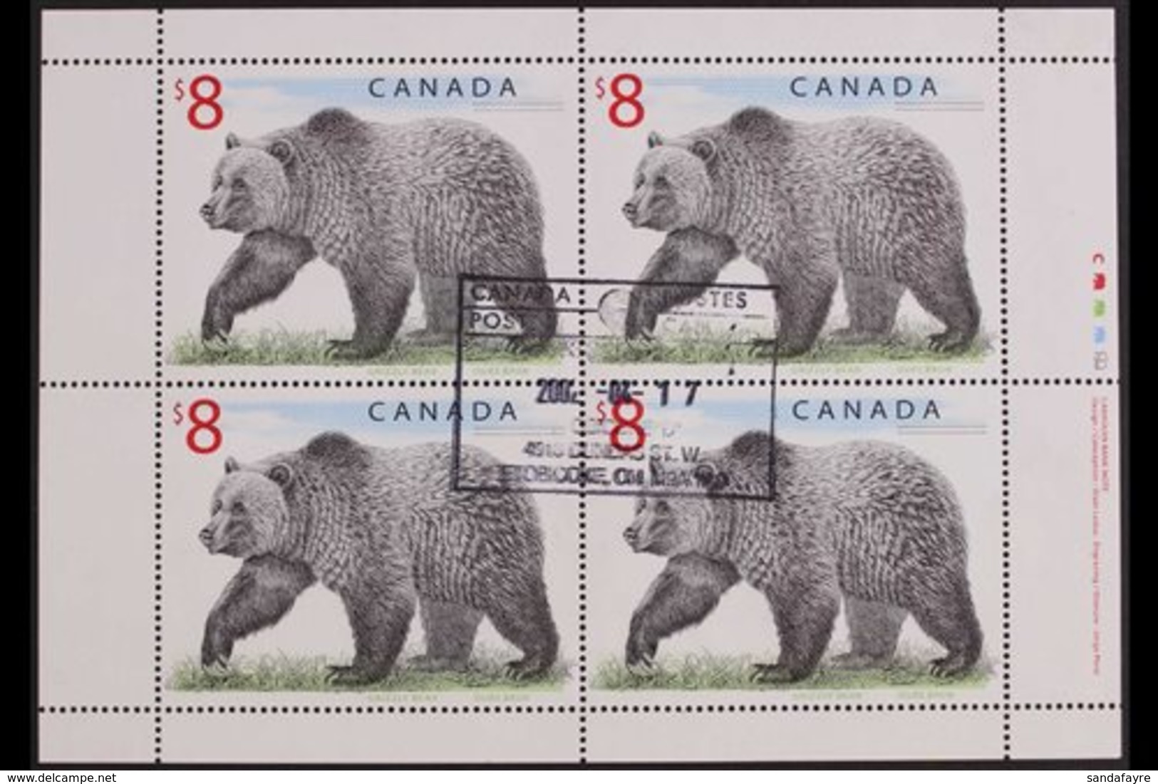 1997  $8 Grizzly Bear (SG 1762b, Unitrade 1694), Superb Used FULL PANE Of 4 (with Inscription In Right Selvedge) And FIE - Autres & Non Classés