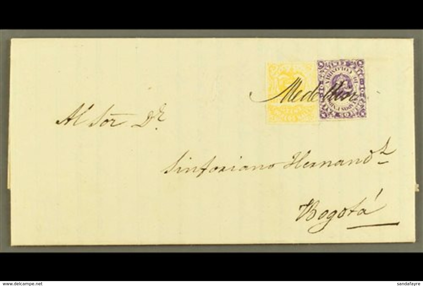 1872 (3 SEP) ENTIRE LETTER  From Medellin To Bogota Bearing 1868 10c Violet Type II, Scott 54c, And 1870 5c Yellow, Scot - Colombie