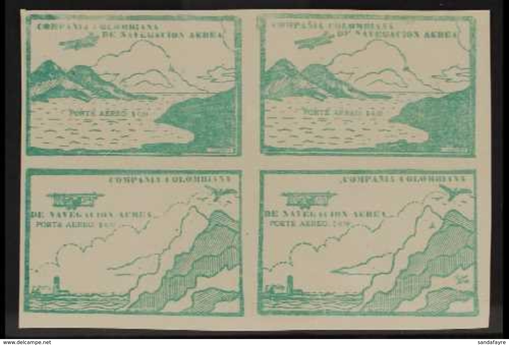 1920 SCADTA - IMPERF BLOCK OF 4.  10c Green Top Left Corner Imperf SE-TENANT BLOCK Of 4 (positions 1/2 & 7/8), Containin - Kolumbien